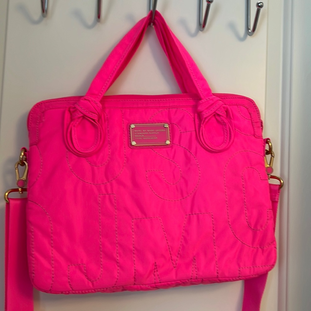 Marc by Marc Jacobs hot pink nylon computer bag with shoulder strap.